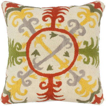 handmade  Pillow Beige Rust Hand-Woven SQUARE 100% Wool Suzani Throw Pillow